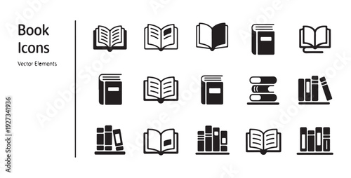 Comprehensive book icon collection for online learning platforms and library management software designs
