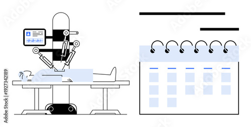 Healthcare technology, robotic surgery, medical innovation, patient monitoring, schedule planning, surgical precision. Robot operating on a patient beside a calendar. Robotic surgery and healthcare