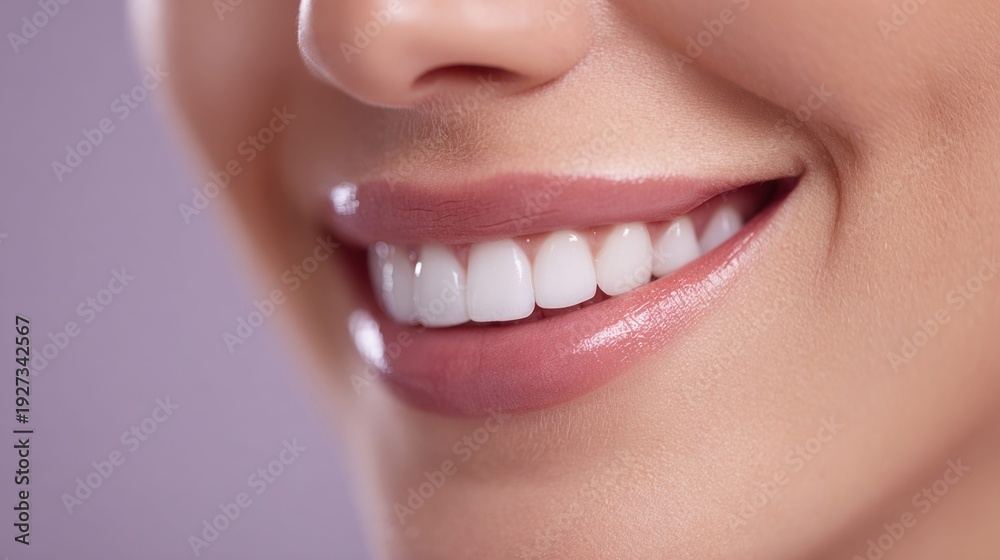 Fototapeta premium Close-up of a woman's perfect smile with white teeth and pink lips, soft focus background
