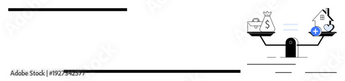 Work-life balance concept. Balanced scales illustrate work and money compared to health, home, and wellness. Work-life balance showcases harmony between professional and personal priorities