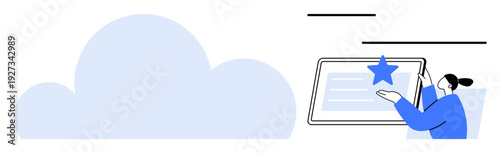 Cloud computing, digital storage, workflow organization, data sharing, online collaboration, user experience. Blue cloud with a person interacting with a screen. Cloud computing and digital storage