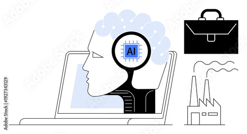 AI integration, digital transformation, industrial automation, technology innovation, career advancement, software solutions. Human head with AI chip on a laptop, briefcase and factory. AI