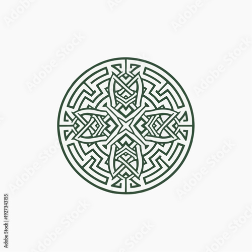 Complex green celtic knot design forming a circular cross pattern, symbolizing faith and eternity.