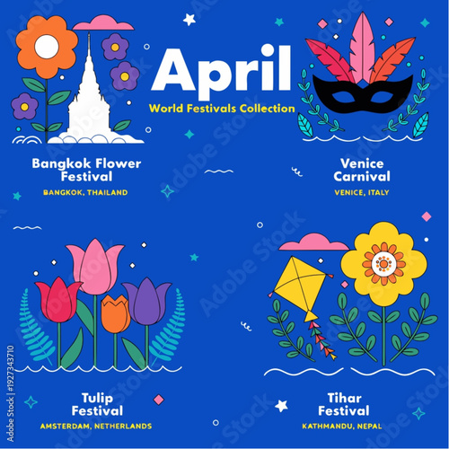 April World Festivals Collection – Global Cultural Events Vector Illustration