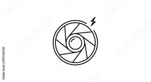 Simple black and white camera aperture icon with lightning bolt.