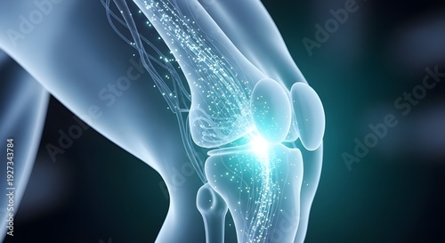 An artistic medical illustration of a human knee joint using a glowing, translucent blue X-ray style. Bright light particles and 