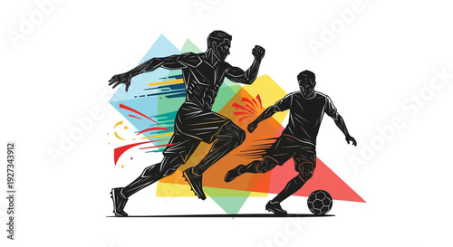 Dynamic soccer players in action against colorful abstract background.
