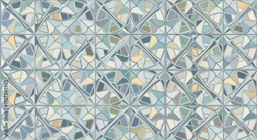 Geometric pattern with mosaic tiles in shades of blue and beige.