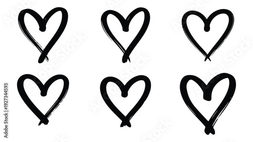 Hand drawn heart vector collection. Includes six unique doodle heart shapes. Created in black brush stroke style with a monochrome palette.