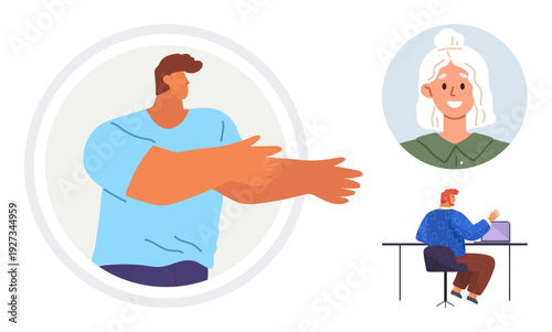 Communication, online meetings, remote work, social connection, teamwork, digital spaces. Three people engaged in digital interaction and activities. Communication and online meetings concepts