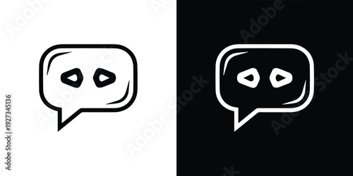 Black and white speech bubbles with play buttons for eyes symbol
