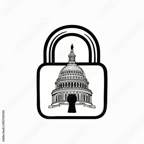 Iconic US Capitol building enclosed in a padlock, illustrating themes of government security, political control, legislative protection, and national data privacy.