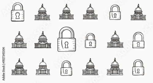 Hand-drawn sketch icons of padlocks and the United States Capitol building, symbolizing government security, law, privacy, and access control in a vintage doodle style.
