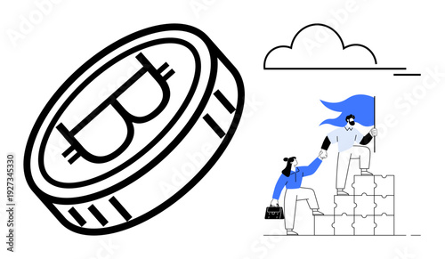 Cryptocurrency, blockchain, teamwork, financial growth, digital economy, collaboration. Bitcoin coin with two people helping each other on stacked blocks. Blockchain development and cryptocurrency