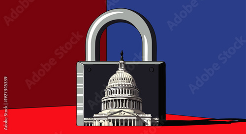 Symbolic image of the US Capitol Building inside a padlock, representing government shutdown, political gridlock, and partisan division against a red and blue backdrop.