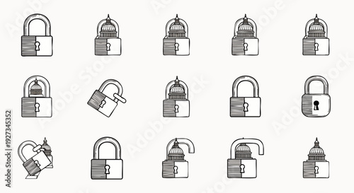 Hand-drawn padlock icon set for security, privacy, and protection concepts. Collection of sketch-style lock and unlock symbols for web and app design.