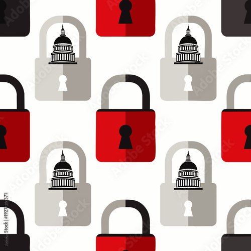 Seamless pattern of padlocks, some open, some closed, with US Capitol building on grey locks, symbolizing government security and access issues.