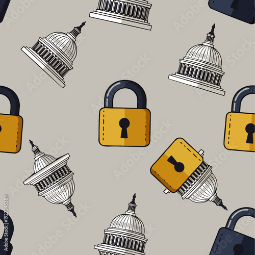 Seamless pattern of US Capitol buildings and padlocks, symbolizing government security, political control, data privacy, and legislative restrictions in a digital age.