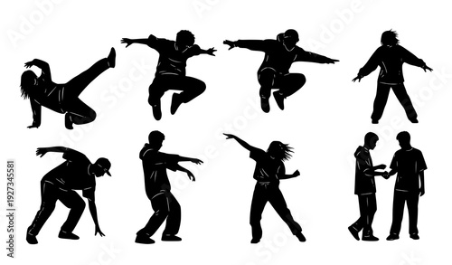 Street dance and club dancing silhouettes vector set with teenage boy and girl dynamic poses isolated on white background