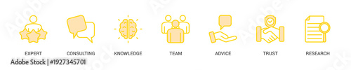 Expertise Lineal Yellow Icon Set For Web Banner. Vector Illustration Concept With Some Icons. Designed In Lineal Yellow Style