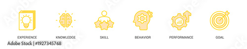 Competence Lineal Yellow Icon Set For Web Banner. Vector Illustration Concept With Some Icons. Designed In Lineal Yellow Style