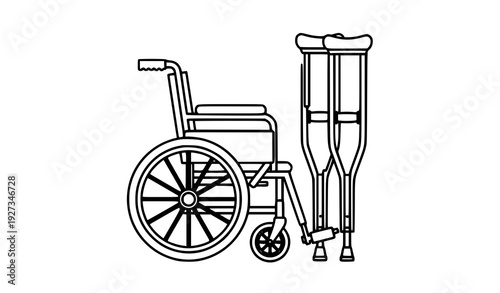 Wheelchair and crutches black and white vector illustration