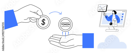 Token exchange concept. Token transactions for digital economy and blockchain solutions. Token as a medium in virtual financial exchanges. For fintech, blockchain, cryptocurrency, digital wallets
