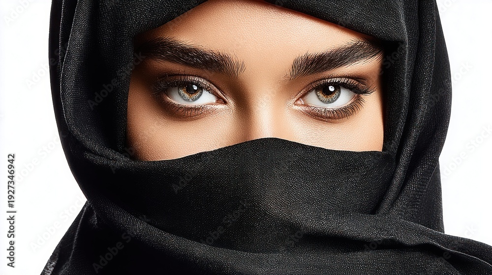 Naklejka premium Close-up of a woman's striking eyes and veiled face, conveying mystery and elegance
