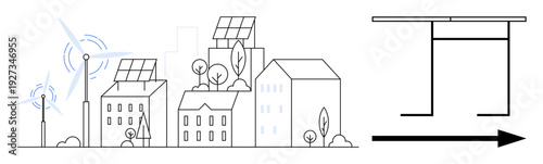 Sustainable energy, urban planning, green technology, renewable resources, clean energy, eco-friendly cities. ion of buildings with solar panels, trees wind turbines and design element. Sustainable