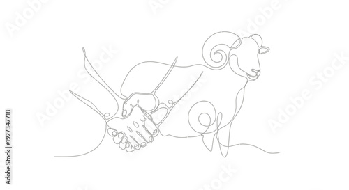 Ram and Handshake Single Line Drawing, Business Partnership Concept