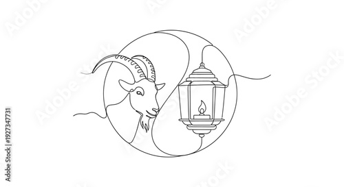 Goat Head and Lantern Yin Yang Symbol Line Art Illustration Minimalist