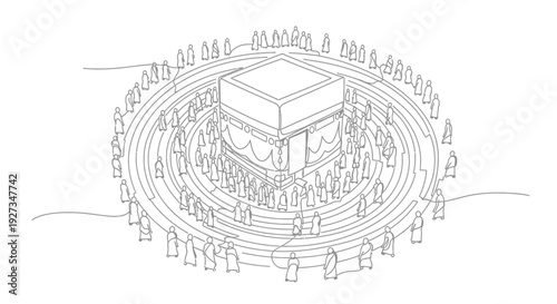 Islamic Pilgrimage: Kaaba and Tawaf Circle of Devotees - Line Art