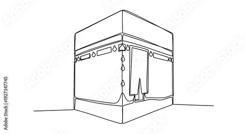 Minimalist Line Art Kaaba Drawing, Islamic Architecture, Mecca Pilgrimage Symbol