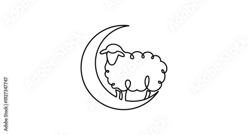 Minimalist Sheep Silhouette on Crescent Moon, Continuous Line Art