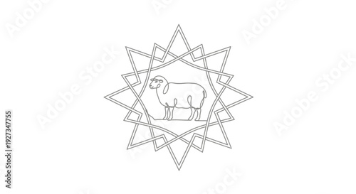 Minimalist Sheep Line Art Inside Geometric Star Pattern, Vector Illustration