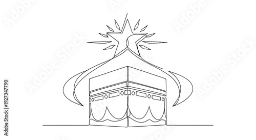 Islamic Kaaba Outline Icon with Crescent Moon and Star