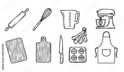 Rustic Artisan Baking Tools Hand Drawn Outline Vector Set