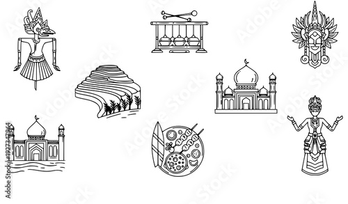 Indonesia Culture and Travel Linear Outline Vector Icons Collection