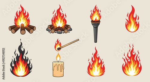 Collection of Various Fire Illustrations: Campfire, Torch, Candle, Match, and Flames