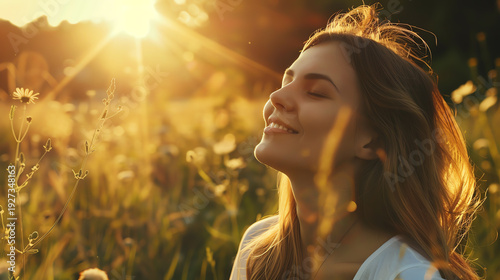Wallpaper Mural A peaceful moment of a young woman enjoying nature under the warm glow of the sun, surrounded by wildflowers. Torontodigital.ca