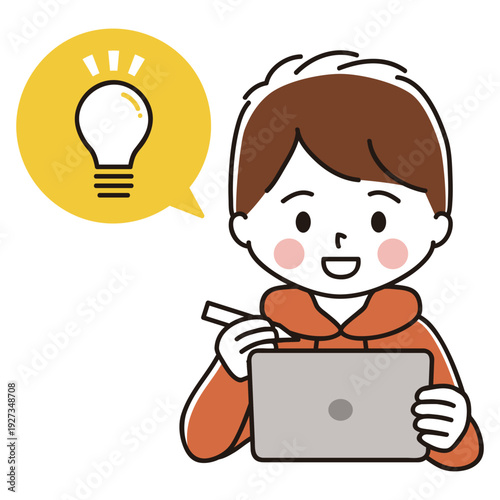 ペンタブを持ってタブレット端末で勉強する男の子のイラスト　ひらめき