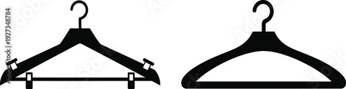 Two black plastic coat hangers with hooks on top for clothing organization and storage