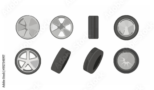 Minimalist Car Wheel and Tire Icon Set
