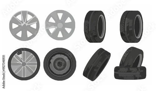 Car Disks and Tires Flat Vector Set with Alloy Wheels