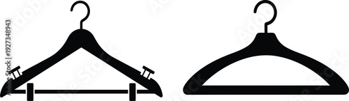 Two black plastic coat hangers with hook and clip