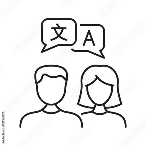 Two People With Language Translation Speech Bubbles Icon. Multilingual Communication And Translation Services Outline Symbol. Editable Stroke. Isolated Vector Illustration