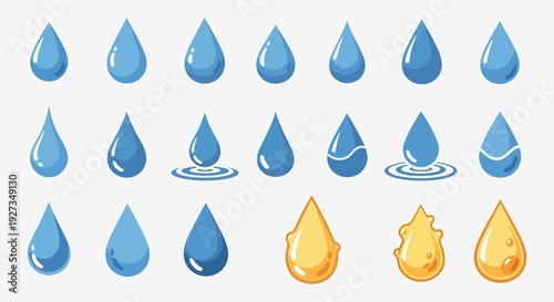 Collection of Water Droplet Icons: Clear Blue Drops, Ripples, and Golden Liquid
