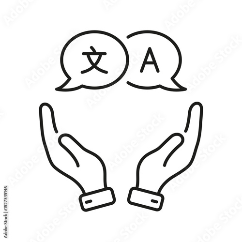 Hands Holding Speech Bubbles With Language Symbols Icon. Translation, Multilingual Communication, Language Support Outline Symbol. Global Interaction. Editable Stroke. Isolated Vector Illustration