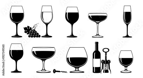 Collection of Wine Glasses, Bottle, Corkscrew, and Grapes Silhouette