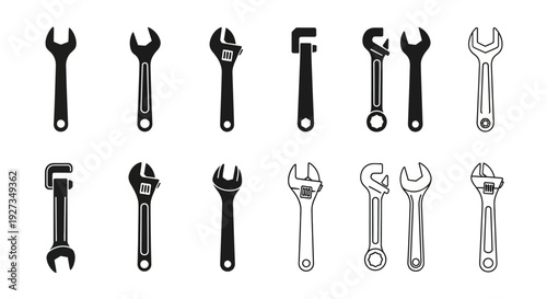 Collection of Wrenches: Adjustable, Combination, and Monkey Wrenches - Vector Icons